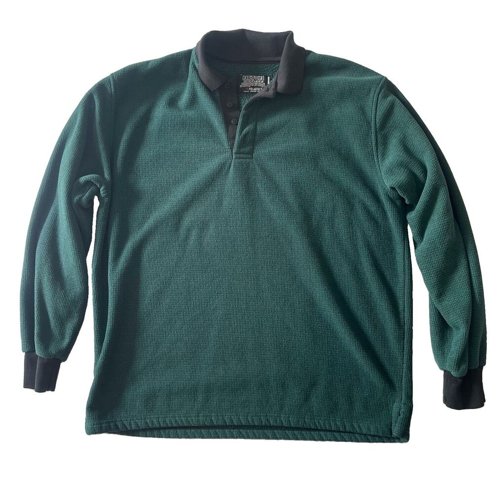 Hilton Polartec Polo Men XL Green Pullover Waffle Knit Thermal Sweatshirt VTG 90